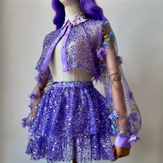 Space Bae Sequined Lavender transparent Babydoll Skirt Crop Blouse Set