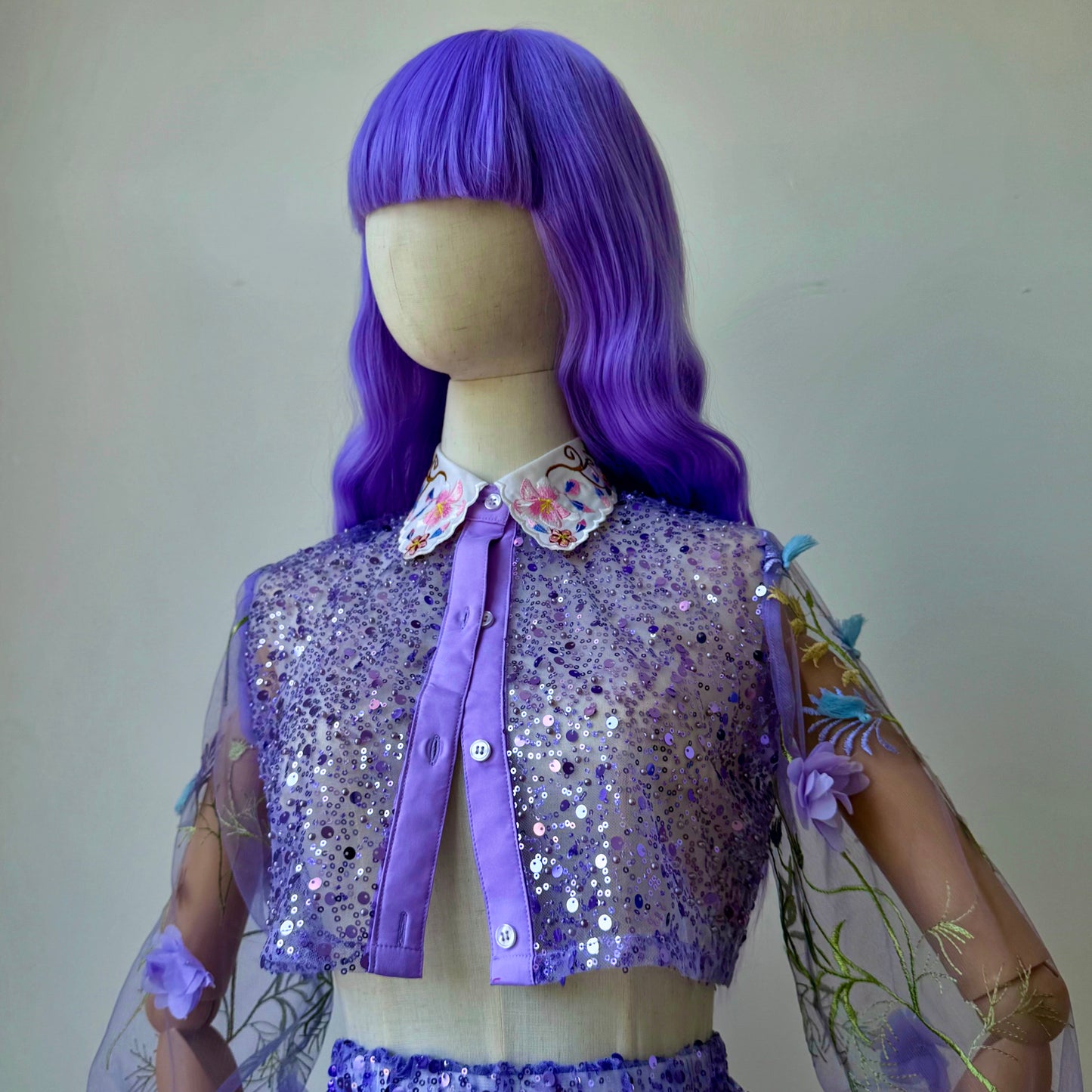 Space Bae Sequined Lavender transparent Babydoll Skirt Crop Blouse Set