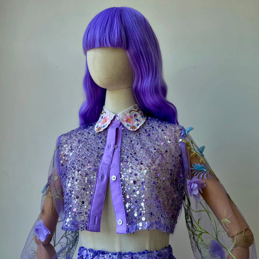 Space Bae Sequined Lavender transparent Babydoll Skirt Crop Blouse Set