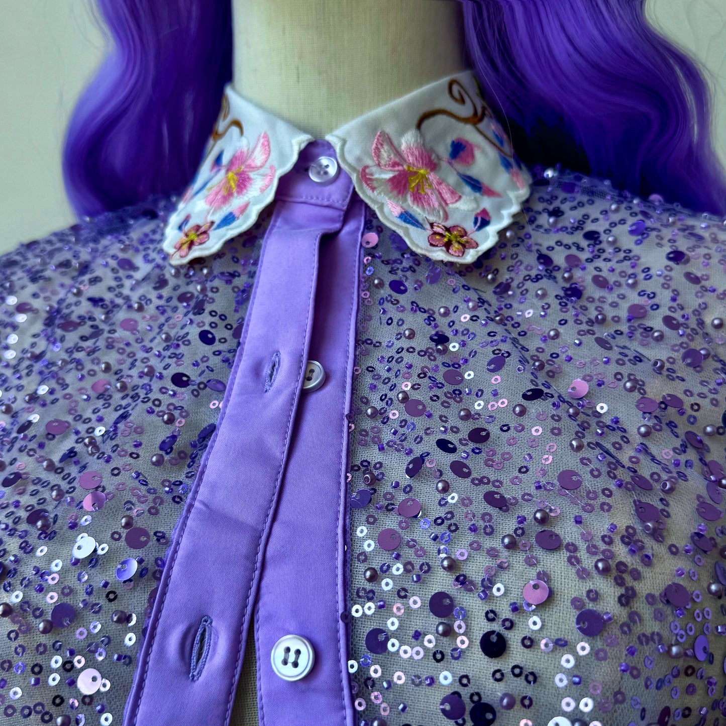Space Bae Sequined Lavender transparent Babydoll Skirt Crop Blouse Set