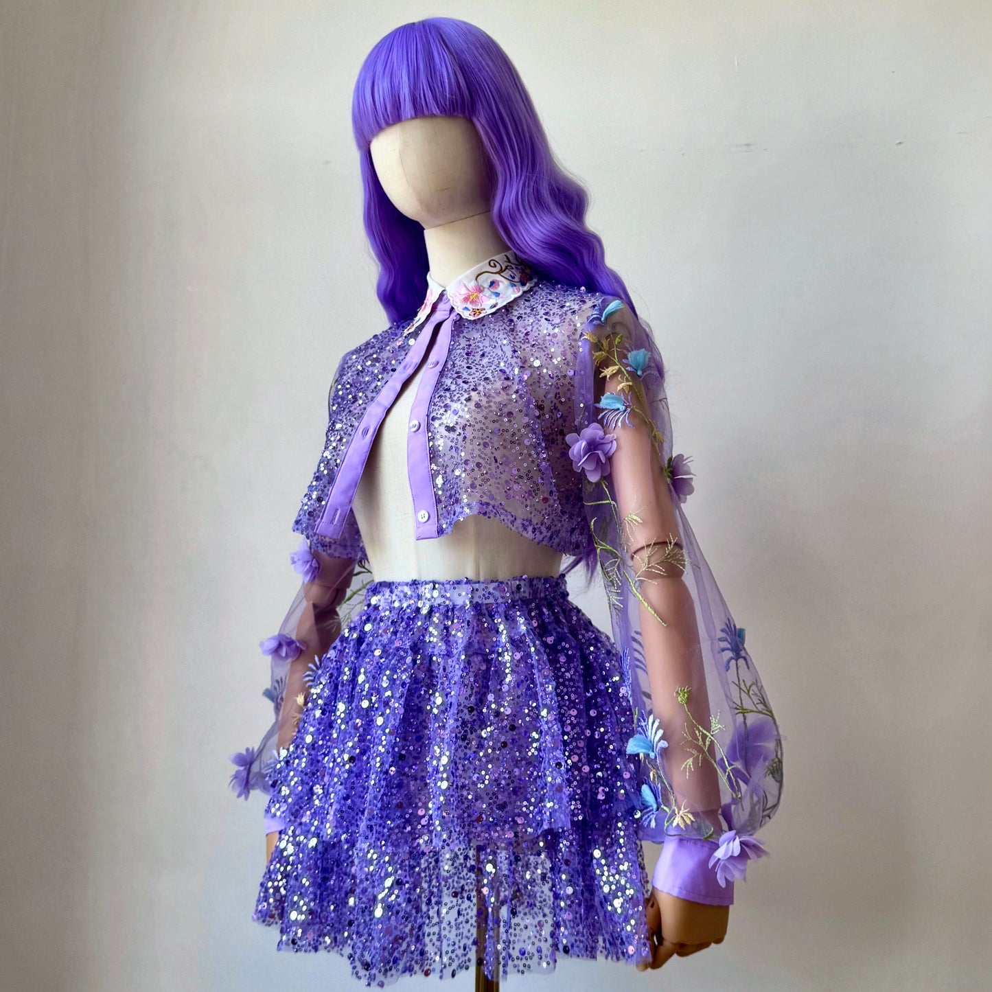 Space Bae Sequined Lavender transparent Babydoll Skirt Crop Blouse Set