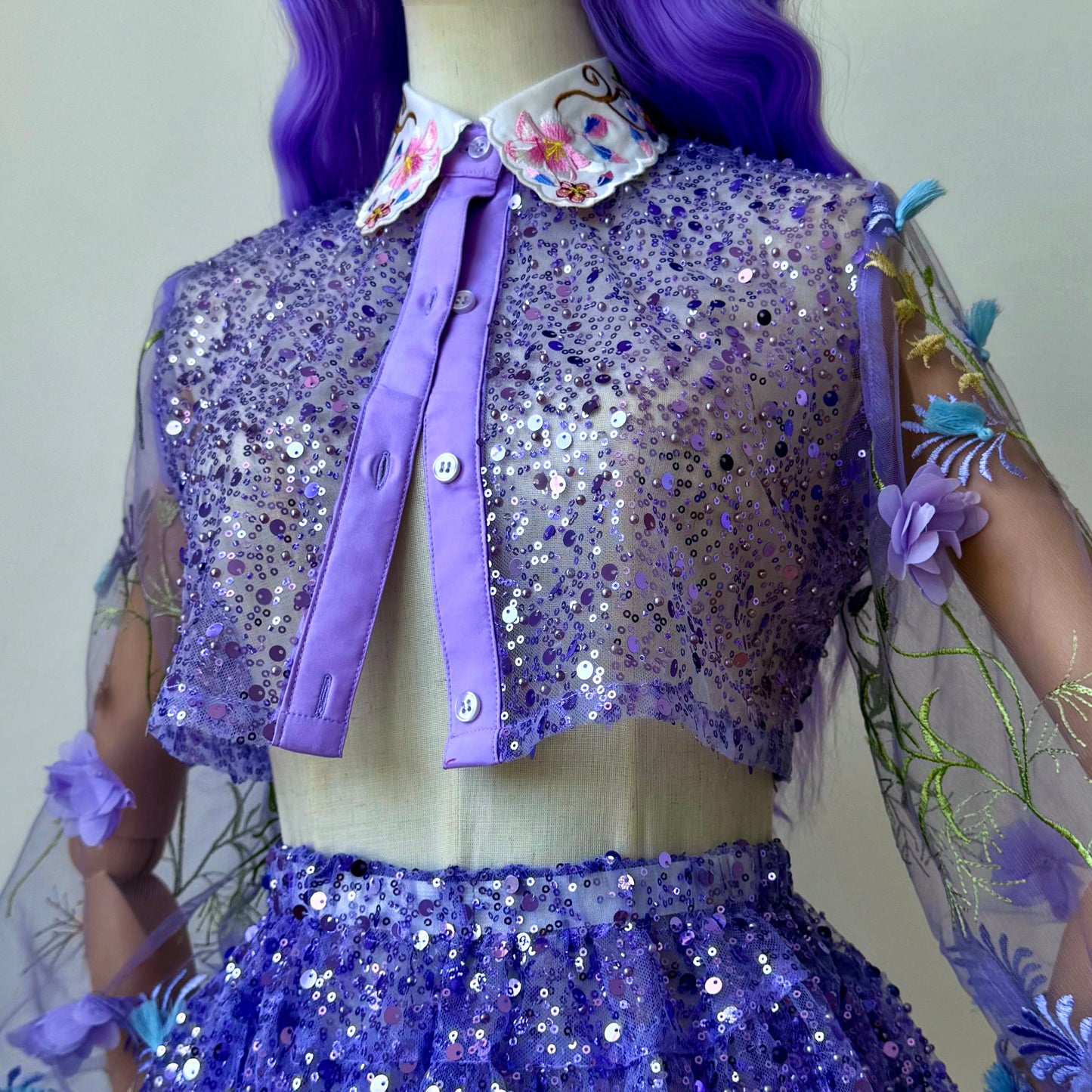 Space Bae Sequined Lavender transparent Babydoll Skirt Crop Blouse Set