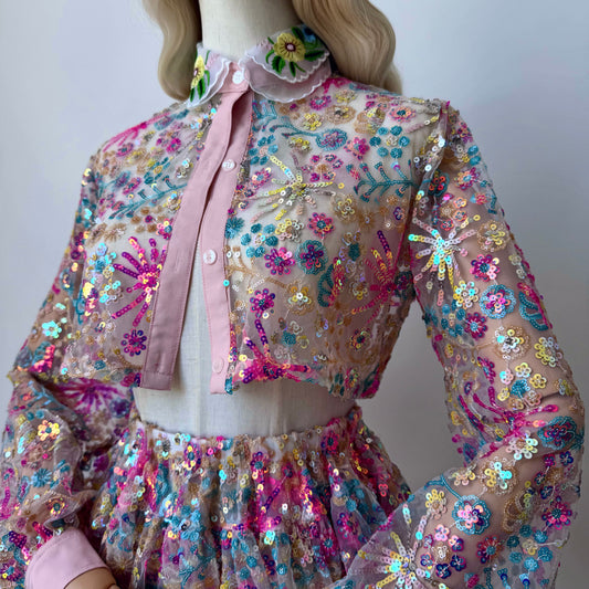 Sequined Pastel Print transparent Babydoll Skirt Crop Blouse Set