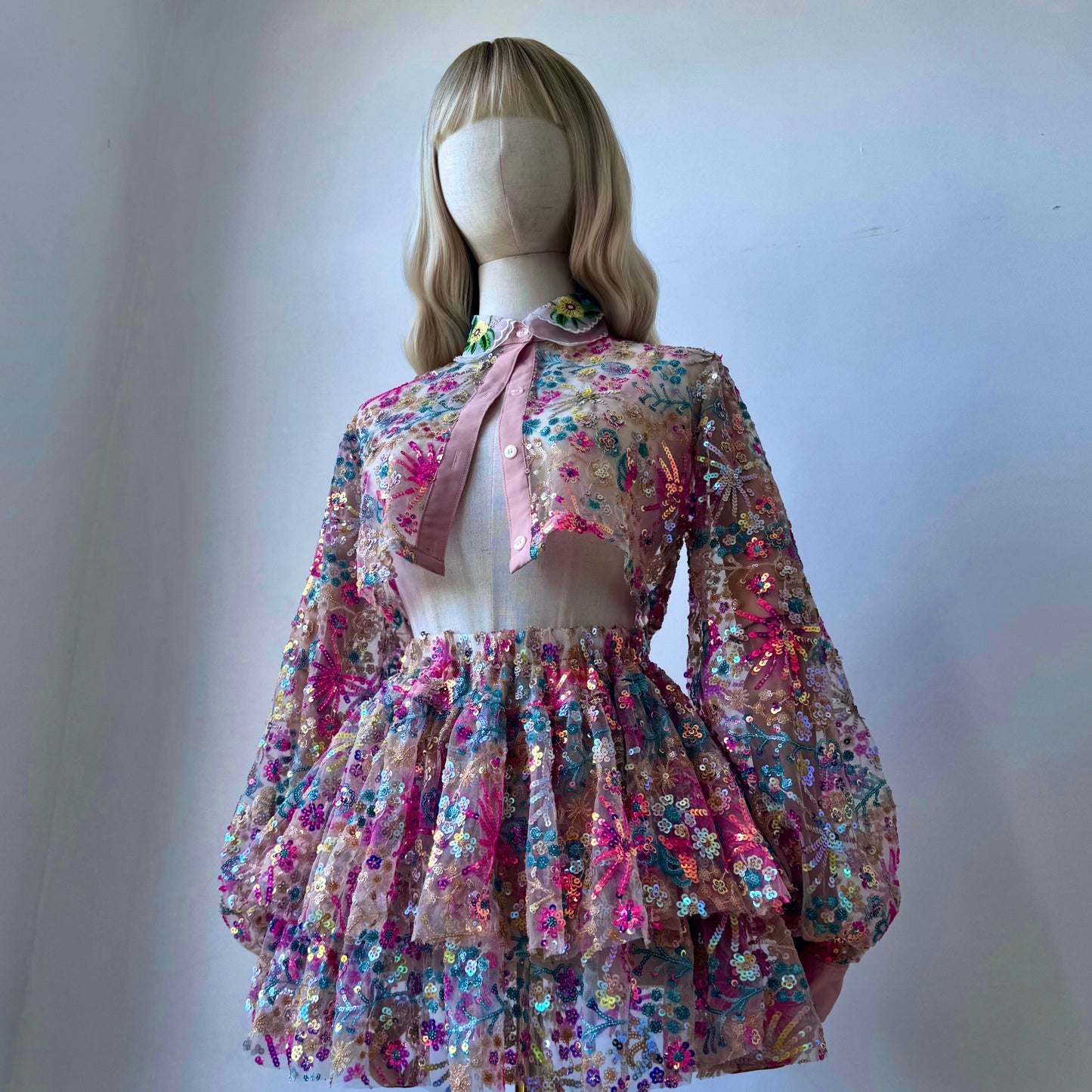 Sequined Pastel Print transparent Babydoll Skirt Crop Blouse Set
