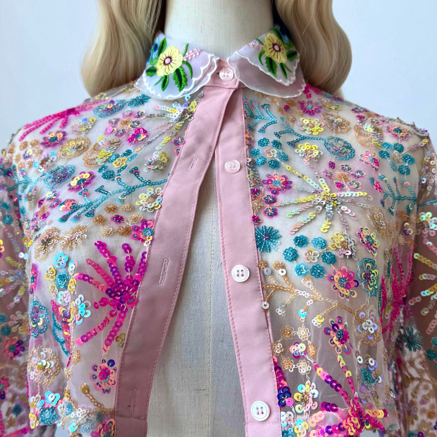 Sequined Pastel Print transparent Babydoll Skirt Crop Blouse Set