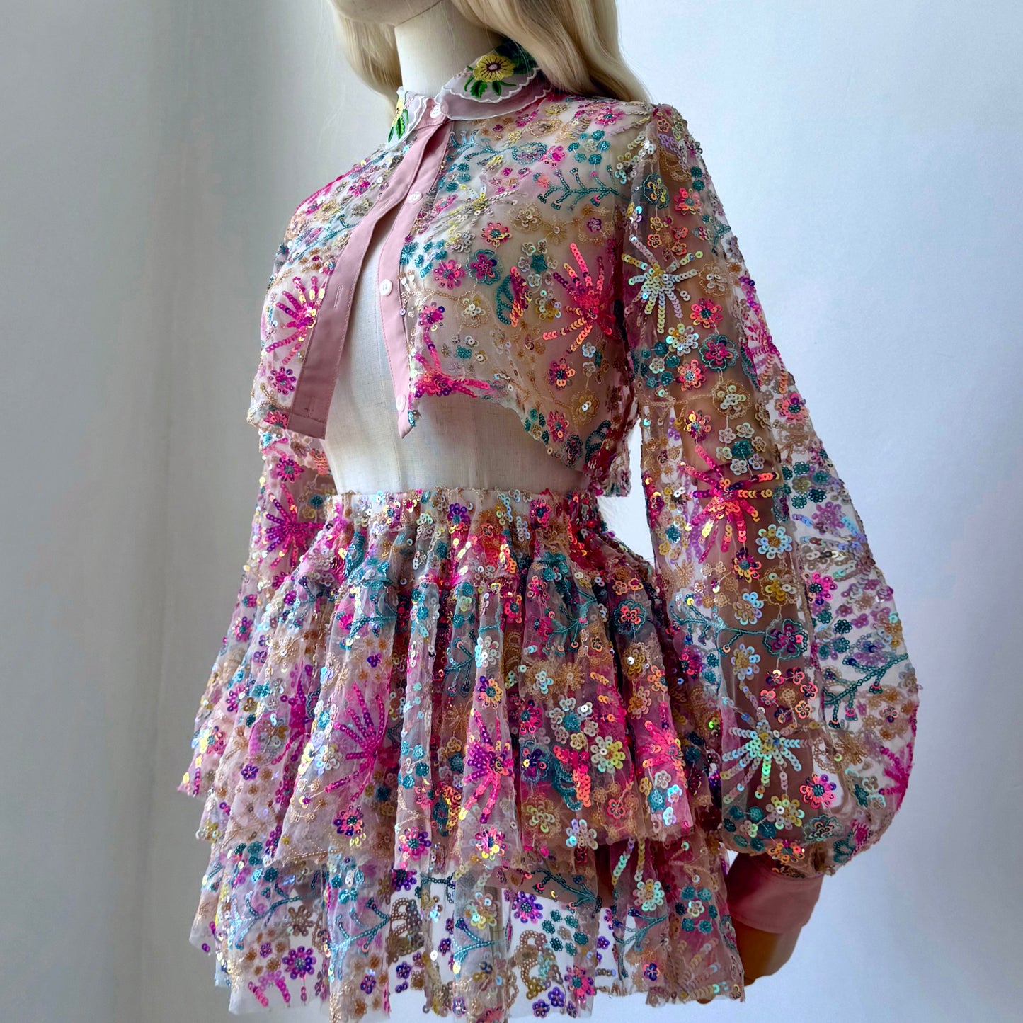 Sequined Pastel Print transparent Babydoll Skirt Crop Blouse Set