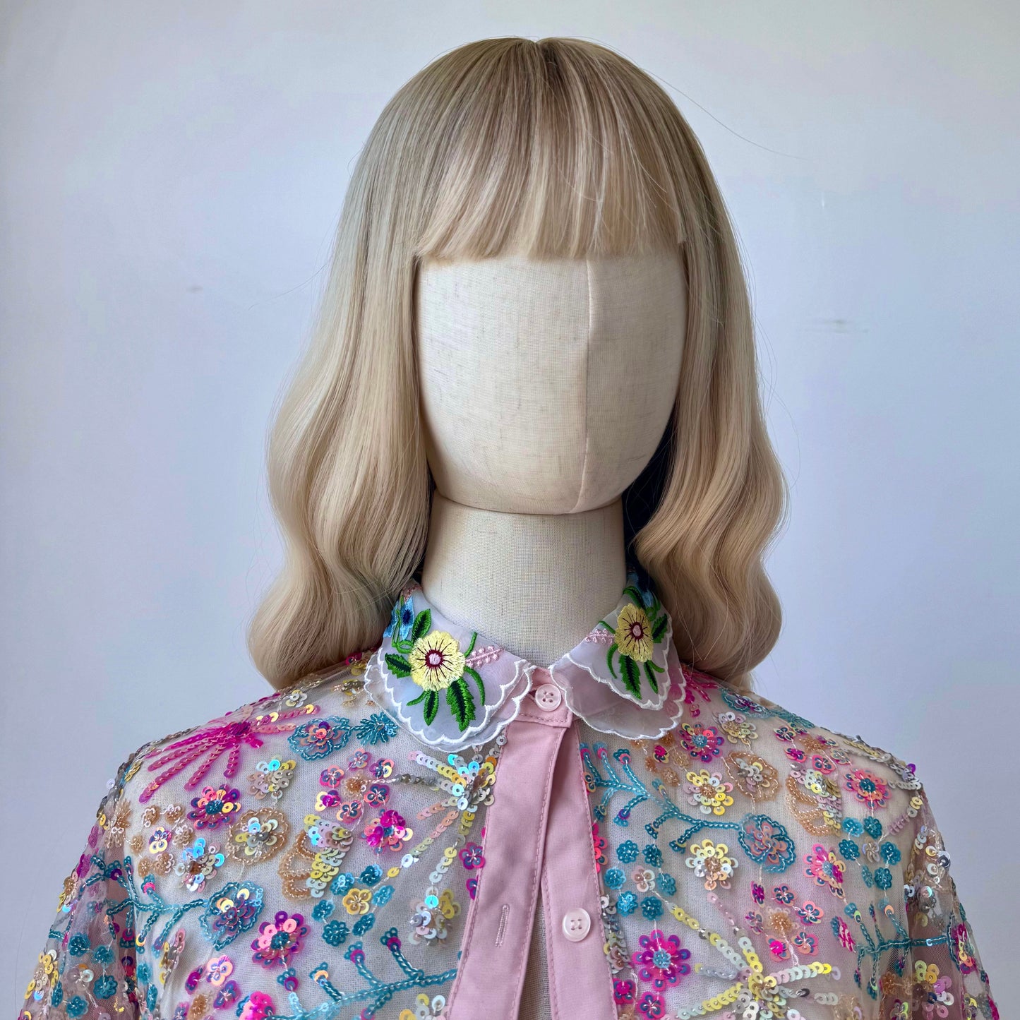Sequined Pastel Print transparent Babydoll Skirt Crop Blouse Set