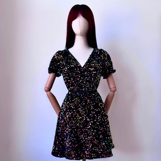 Shiny Sequined Black Rainbow Wrap Dress