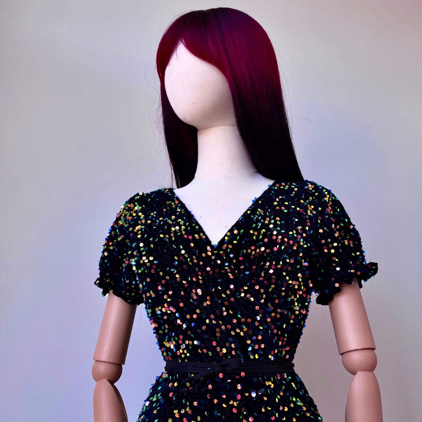 Shiny Sequined Black Rainbow Wrap Dress