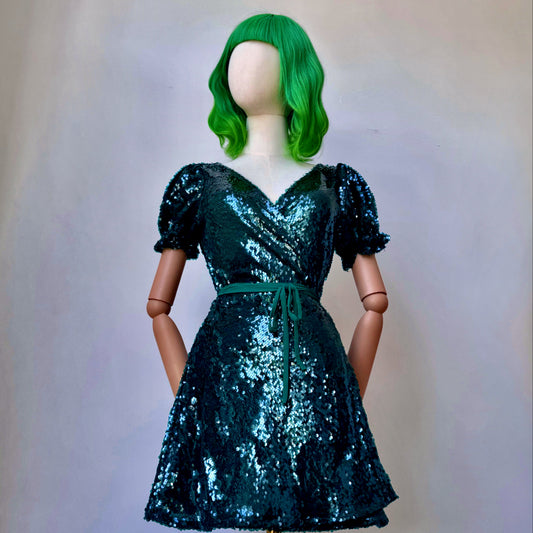 Shiny Sequined Dark Green Wrap Dress