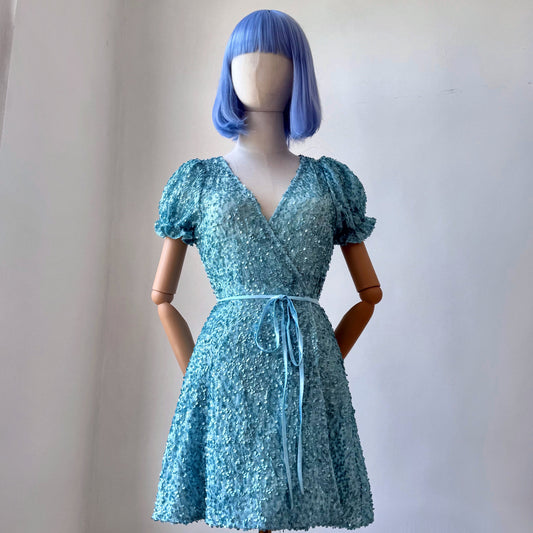 Shiny Sequined Pastel Blue Wrap Dress