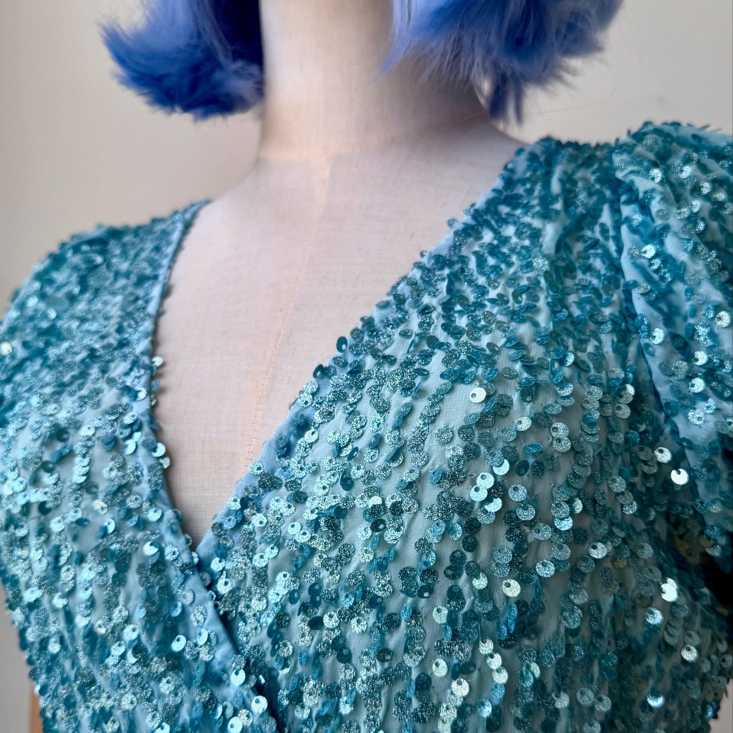 Shiny Sequined Pastel Blue Wrap Dress