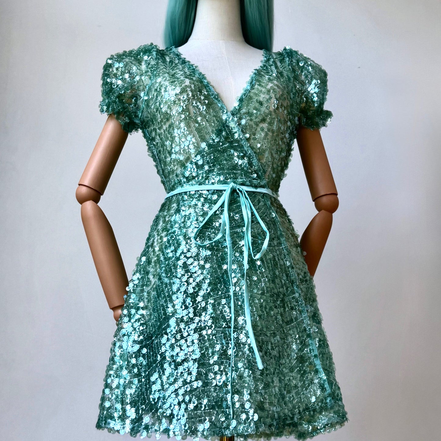 Shiny Sequined Pastel Green Wrap Dress