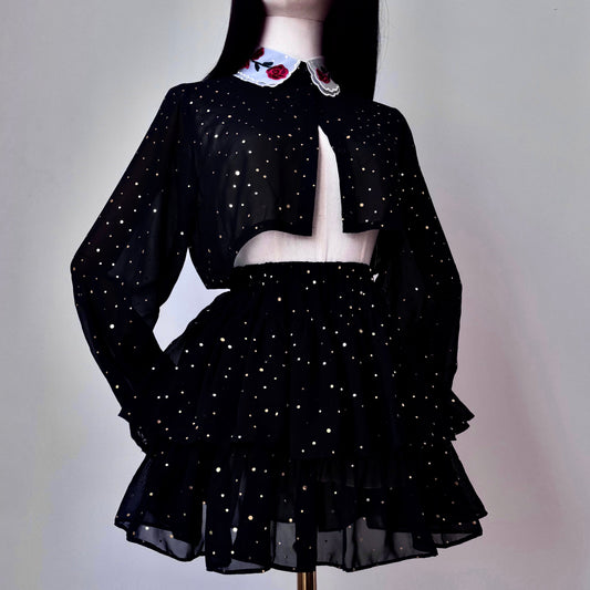 Space Bae Black And Gold Mesh Skirt Top Set