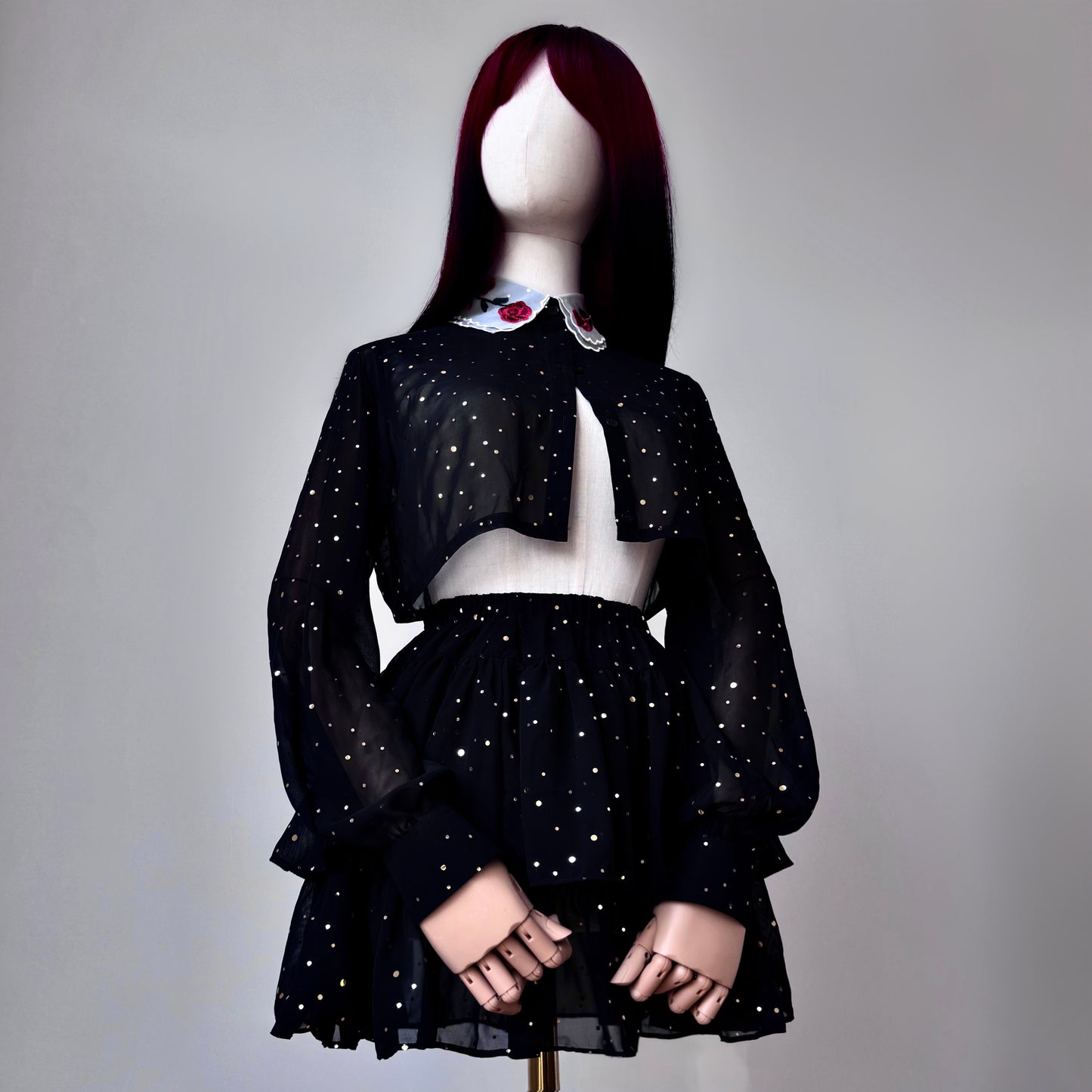 Space Bae Black And Gold Mesh Skirt Top Set