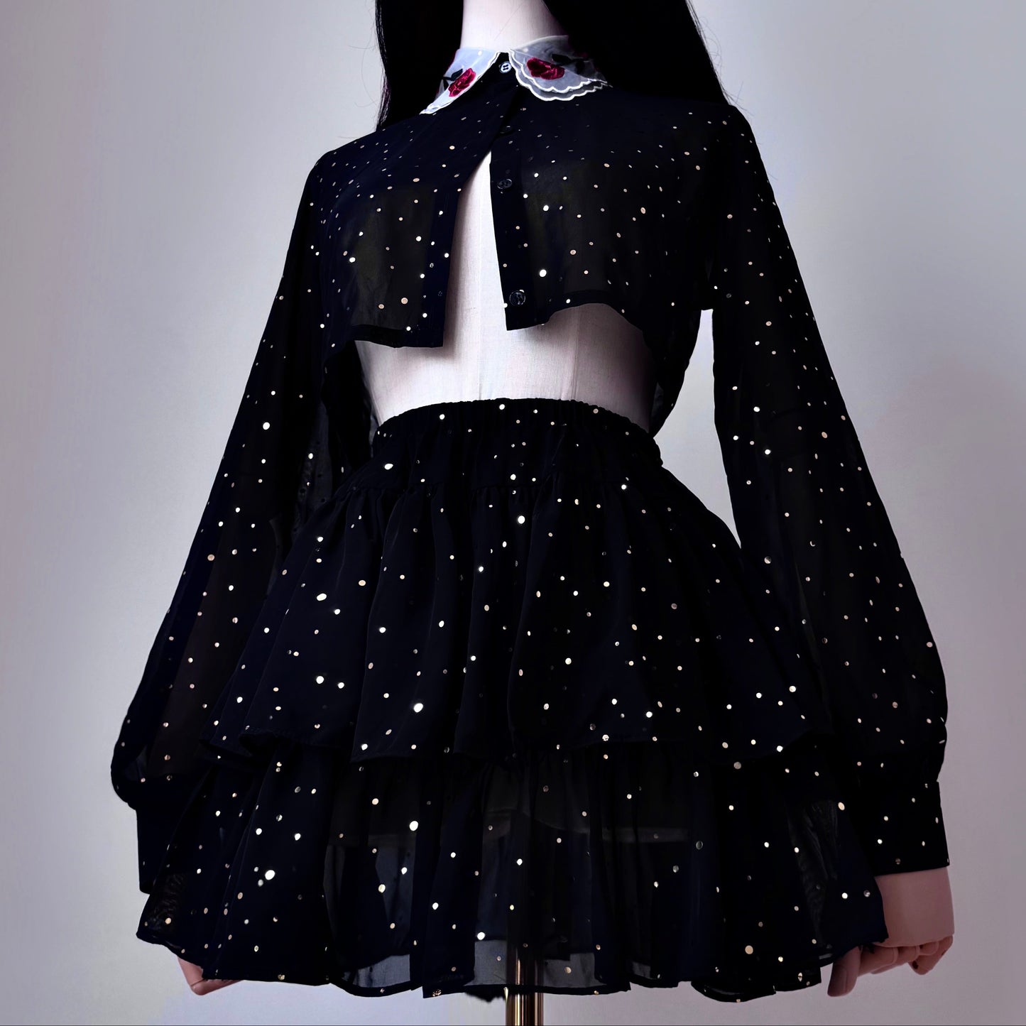 Space Bae Black And Gold Mesh Skirt Top Set