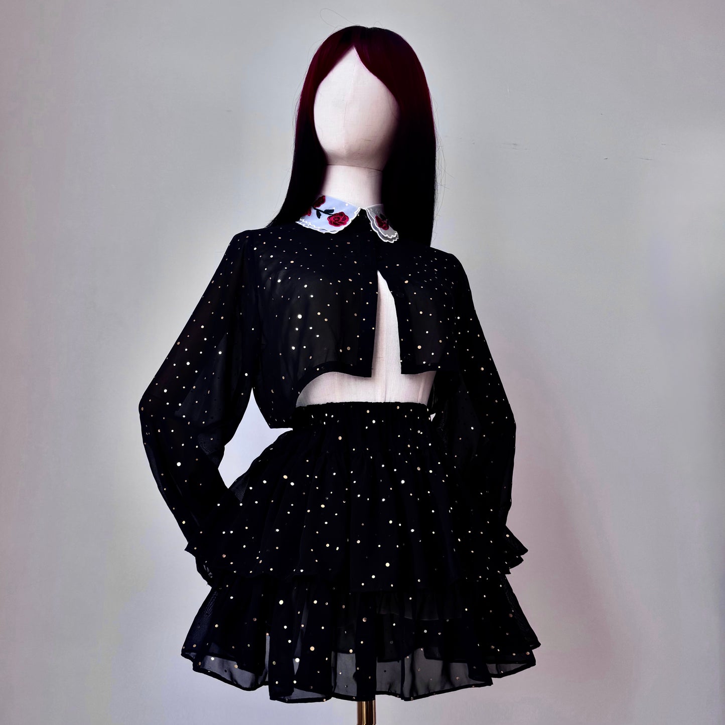 Space Bae Black And Gold Mesh Skirt Top Set