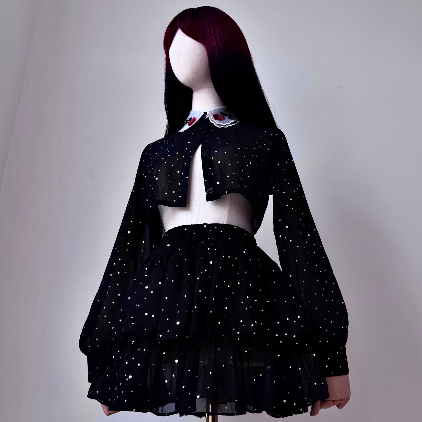 Space Bae Black And Gold Mesh Skirt Top Set
