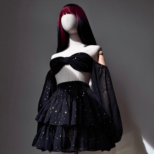 Space Bae Black And Gold Puffy Sleeves Two Piece Set