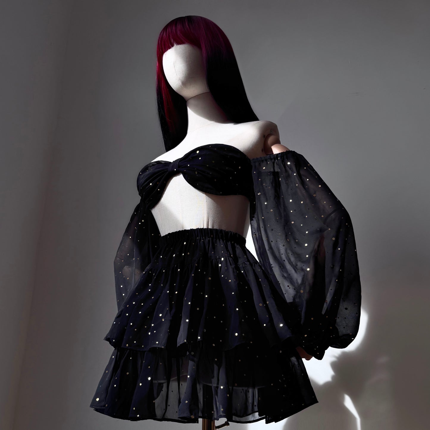Space Bae Black And Gold Puffy Sleeves Two Piece Set