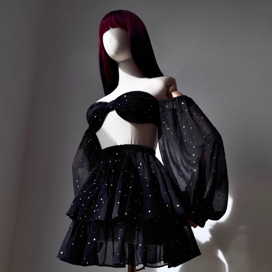 Space Bae Black And Gold Puffy Sleeves Two Piece Set