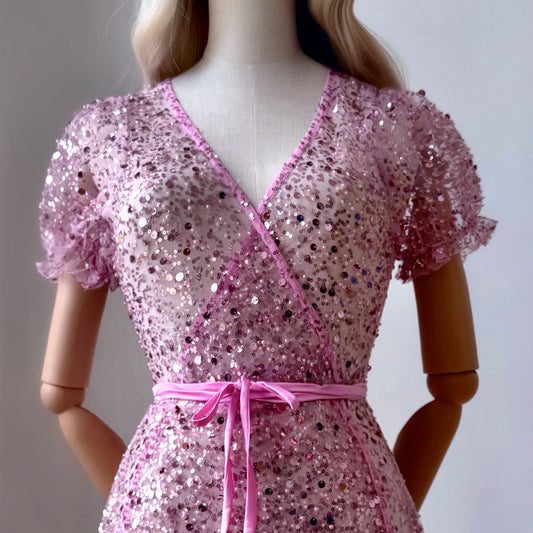 Transparent Sequined Pastel Pink Wrap Dress