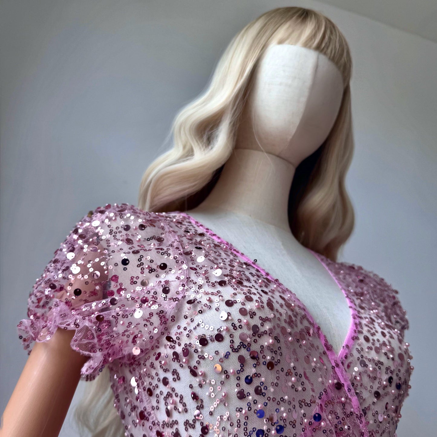 Transparent Sequined Pastel Pink Wrap Dress