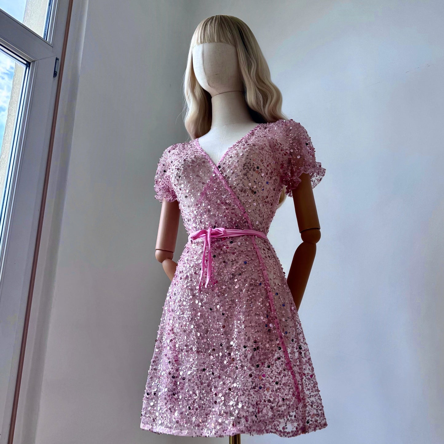 Transparent Sequined Pastel Pink Wrap Dress