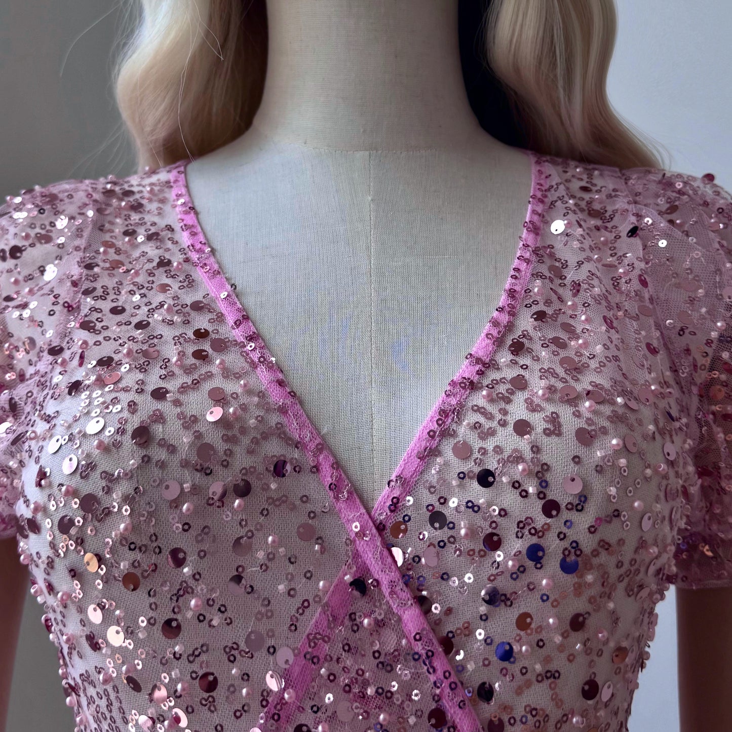 Transparent Sequined Pastel Pink Wrap Dress