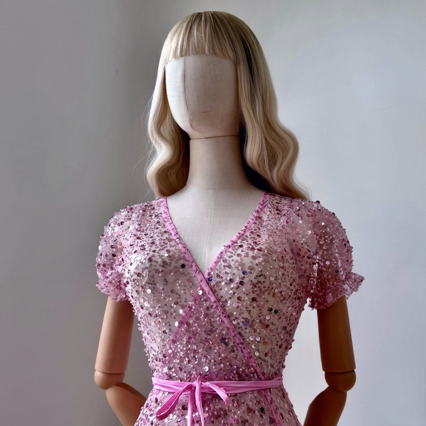 Transparent Sequined Pastel Pink Wrap Dress