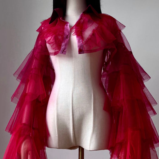Deep Red Origami Princess Ruffled Shirt Blouse