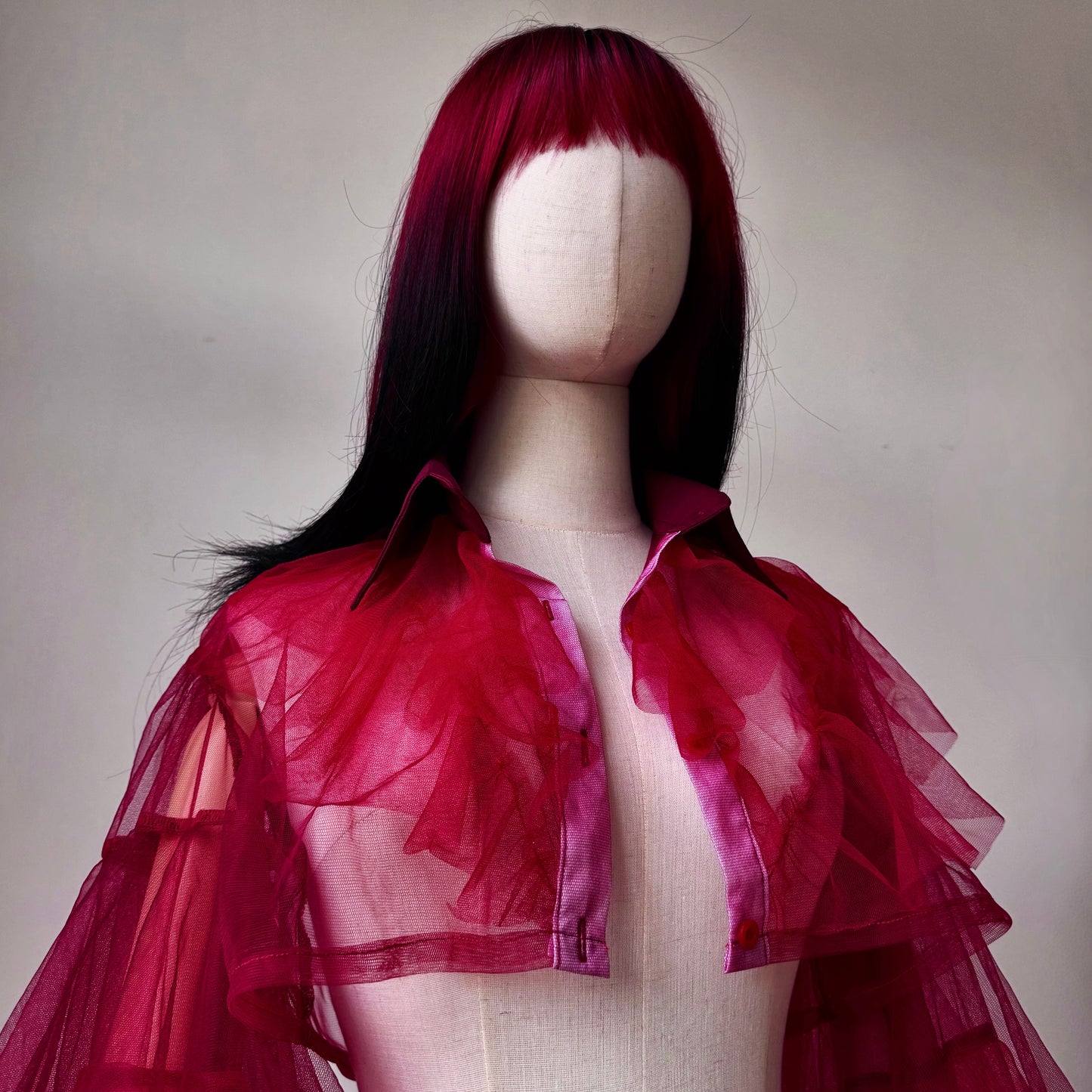 Deep Red Origami Princess Ruffled Shirt Blouse