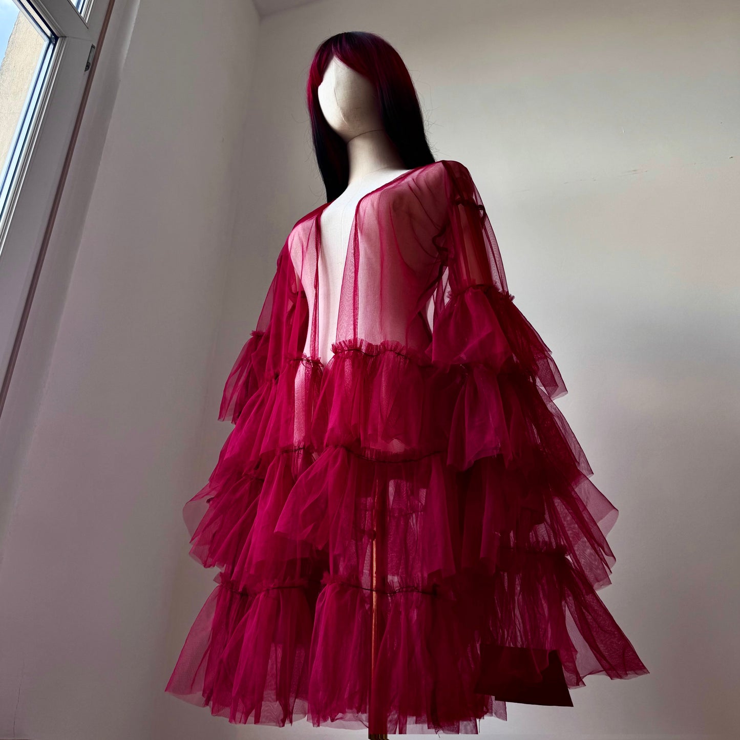 Wine Red Origami Queen Midi Ruffled Duster
