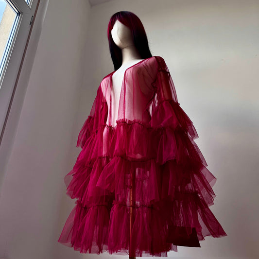 Wine Red Origami Queen Midi Ruffled Duster