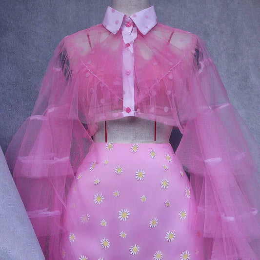 Origami Princess Pink Ruffled Skirt Crop Blouse Set