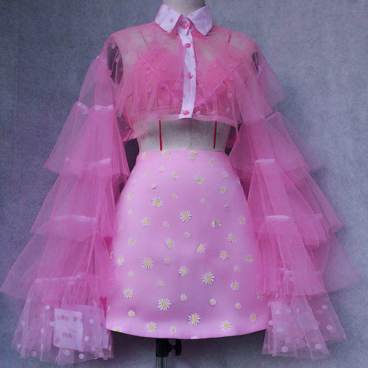 Origami Princess Pink Ruffled Skirt Crop Blouse Set