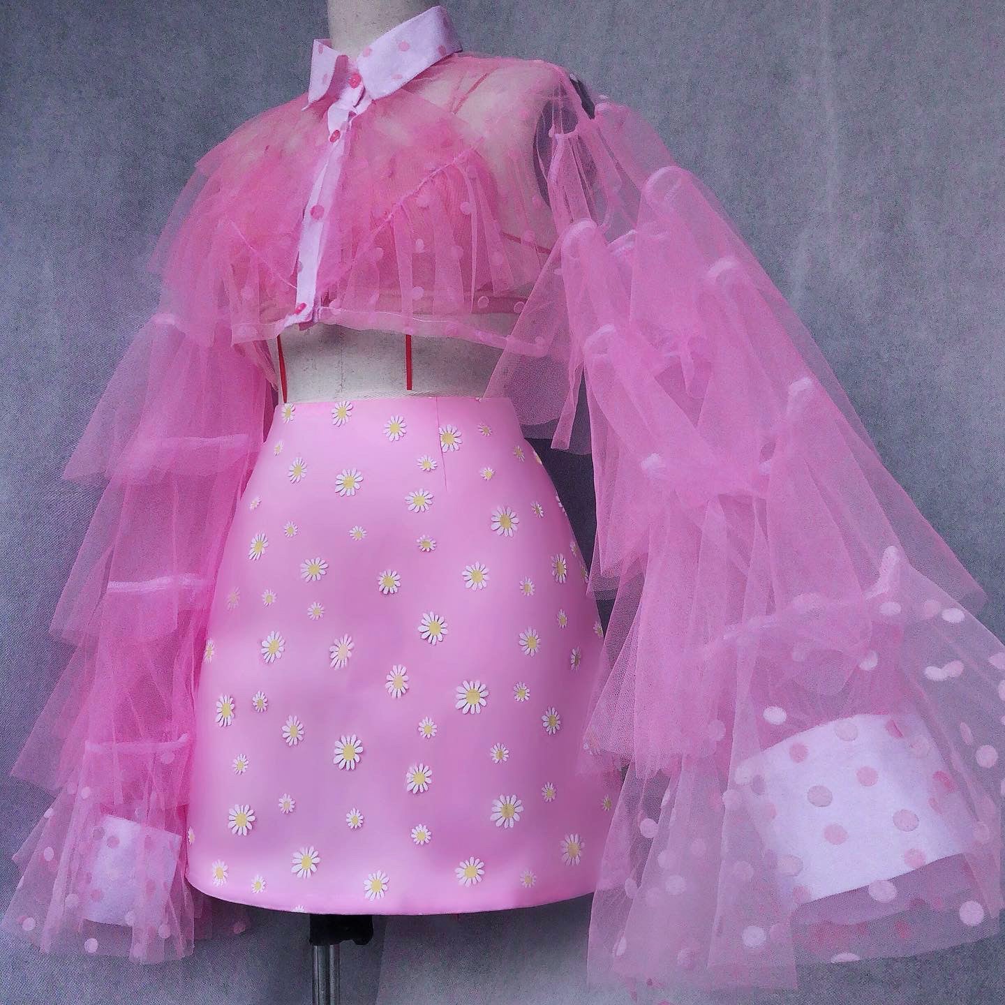 Origami Princess Pink Ruffled Skirt Crop Blouse Set